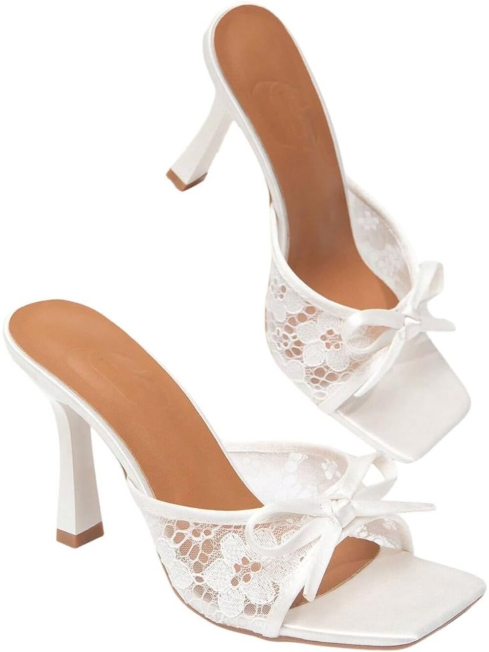 Women's White Bow Square Toe Leather Mini Lace Kitten Heels Sandals for Wedding